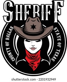 Female Sheriff. Design Print For Shirt, Label, Emblem, And Coat Of Arms.