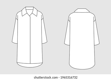 Female shirt dress vector template isolated on a grey background. Front and back view. Outline fashion technical sketch of clothes model.