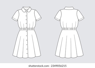 Female shirt dress vector template isolated on a grey background. Front and back view. Outline fashion technical sketch of clothes model.