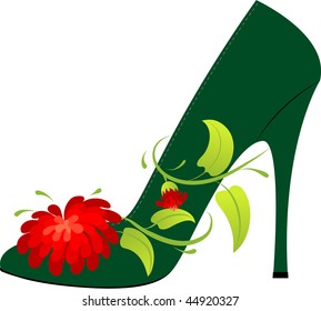 Female shoe on the high heel, decorated with a flower