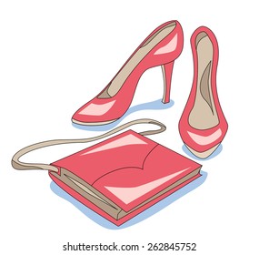 Female shoes and bag isolated on white background.