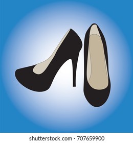 Female shoes in black with high heels isolated gradient background.