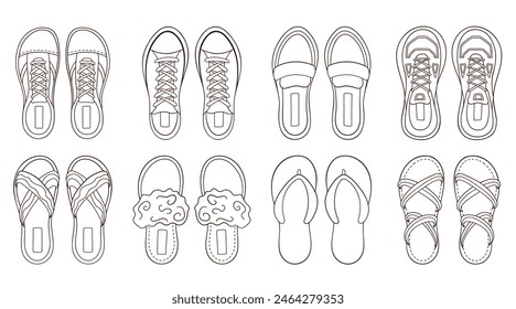 Damenschuhe Kollektion im Line Art Stil. Set aus lässigen Damenschuhen, Schuhen, Turnschuhen und Stiefeln. Vektorillustration isoliert auf weißem Hintergrund.