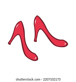 Female shoes with heels of red color on a white background. A pair of summer shoes. Vector isolated art illustration. Hand drawn outline style