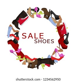 Female shoes Sale round frame, Colorful shoes and boots for women in the shape of a circle banner. Shopping vector illustartion