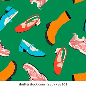 Female shoes seamless pattern concept. Repeating design element for printing on fabric. Orange boots and pink sneakers. Fashion, trend and style. Cartoon flat vector illustration