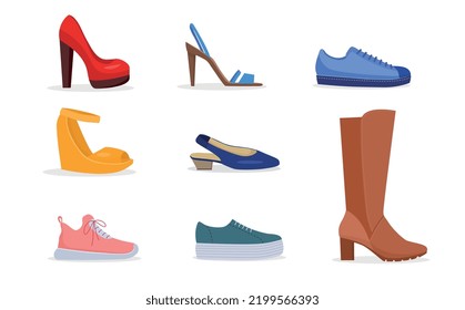 Female shoes set. Collection of stickers for social networks, icons for online clothing store. Fashion, trend and style. Female boots. Cartoon flat vector illustrations isolated on white background