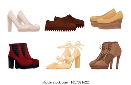 Female Shoes Side View Vector Set. Casual and Formal Footwear