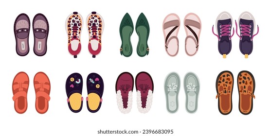 Female shoes top view. Colorful slippers, sandals and sneakers. Different types women footwear. Lacing and buckles. Casual loafers or gumshoes. Stylish accessories