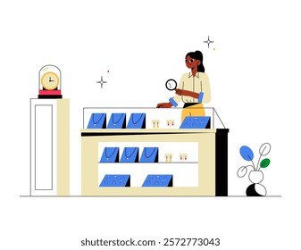 Female Shop Assistant Arranging Jewelry Products On Display In Flat Vector Illustration Symbolizing Retail, Jewelry Store, And Customer Service, Isolated On White Background