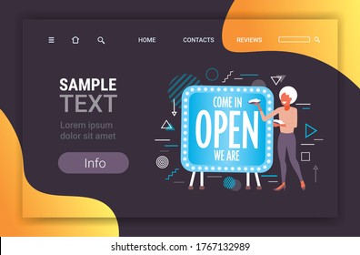 female shop assistant holding shoes near come in we are open board coronavirus quarantine is ending concept horizontal copy space full length vector illustration