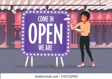 female shop assistant near come in we are open board coronavirus quarantine is ending victory over covid-19 concept boutique interior horizontal full length vector illustration