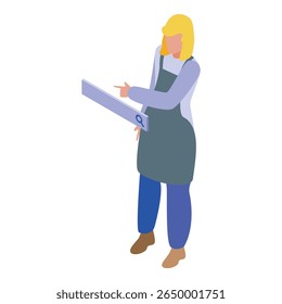 Vrouwelijke winkelassistent die naar de zoekbalk wijst, symbool voor online winkelnavigatie en productzoeken