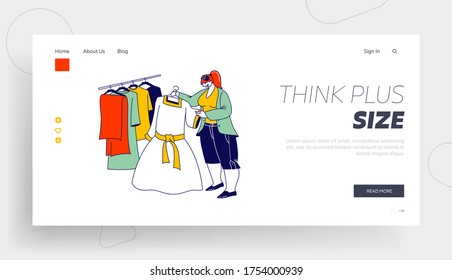 Female Shopaholic Character Shopping Landing Page Template. Plus Size Woman Choose Fashioned Dress in Store. Fat Girl Stand near Hanger with Clothes Hold Apparel in Hands. Linear Vector Illustration