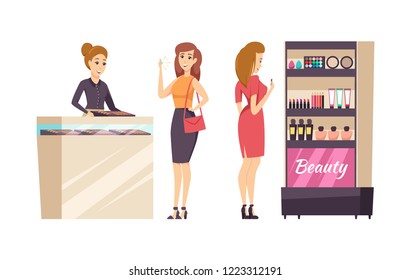 Female shopaholic choosing cosmetics set vector. Makeup and visage, stand with powder, palette and foundation, lipstick and mascara. Jewelry store