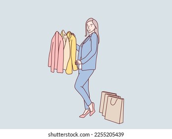 Female Shopaholic Enjoying Shopping Picking Outfit simple korean style illustration