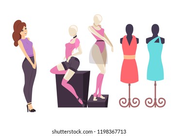 Female shopaholic, shopping in clothes store vector. Lady customer looking at shorts and t-shirt, dresses and choker placed on mannequin showcase