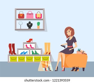Female shopaholic trying on shoes at store vector. Woman sitting on chair and wearing heeled boots, looking in mirror. Handbags and jewelry on shelf