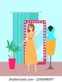 Female shopaholic wearing dress in store vector. Shop with mirror and changing room, plant interior decoration. Mannequin with blouse and skirt suit