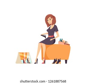 Female shopaholic wearing and trying on new shoes on heel. Store shop with boots variety and mirror to see if it suits vector. Lady shopping fashion