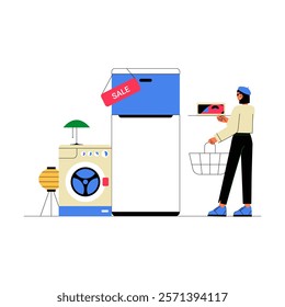 Female Shopper With Basket Buying Home Appliances On Sale, Flat Vector Illustration Symbolizing Shopping, Discounts, And Electronics, Isolated On White Background