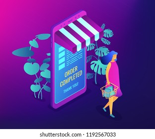 Female shopper buying with huge smartphone and online order completed. Online shopping and order confirm, online shopping cart and ecommerce concept. Ultraviolet neon vector isometric 3D illustration.