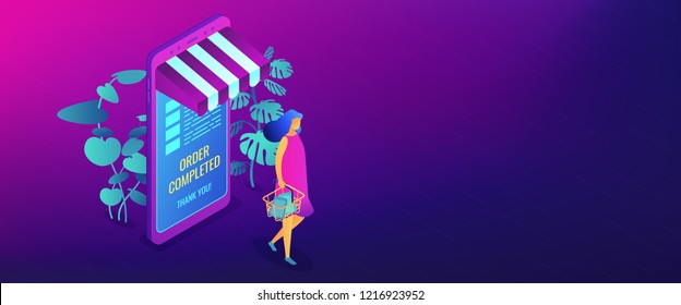 Female shopper buying with huge smartphone and online order completed. Online shopping and order confirm, online shopping cart and ecommerce concept. Isometric 3D banner header template copy space.