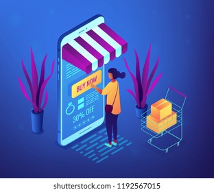 Female shopper buying with mobile phone and shopping cart with purchases. Online purchase and order, buy now, add to cart and online sale concept. Ultraviolet neon vector isometric 3D illustration.