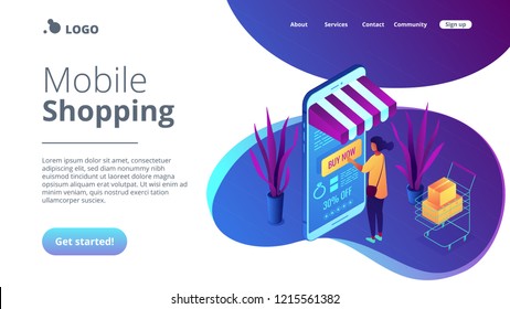 Female shopper buying with mobile phone and shopping cart with purchases. Online purchase and order, buy now, add to cart and online sale concept.Isometric 3D website app landing web page template