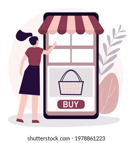 Female shopper buying in online store. Woman consumer choosing products from internet marketplace. App on smartphone screen. Concept of online purchase and mobile shopping. Flat vector illustration