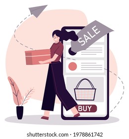 Female shopper buying in online store. Woman consumer holds box from internet marketplace. App on smartphone screen. Concept of sale or discount. Online purchase, mobile shopping. Vector illustration