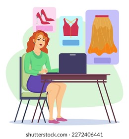Female shopper buying secondhand clothes via laptop. Cartoon customer ordering pre-used clothing in online store at home vector illustration. Online shopping, second hand, ecommerce concept