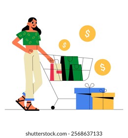 Female Shopper With A Cart And Gift Boxes In Flat Vector Illustration Symbolizing Retail Shopping And Discount Offers, Isolated On White Background.