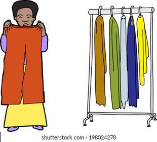 Female shopper comparing clothes on isolated background