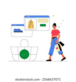 Female Shopper Holding Bags And Viewing Online Shopping Baskets In Flat Vector Illustration Symbolizing E Commerce And Digital Shopping, Isolated On White Background