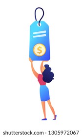 Female shopper holding a big price tag with dollar sign vector illustration. Customer shopping and sale, discount and retail, purchase and promotion concept. Isolated on white background.