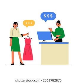 Female Shopper Holding A Dress Talking To Cashier At Counter In Flat Vector Illustration Symbolizing Shopping, Customer Service, And Retail, Isolated On White Background.