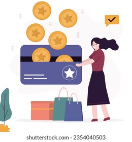 Female shopper holds bonus card with golden coins, cashback, loyalty program. Discount and promotions, advertising company. Cash back after shopping, sales, black friday. Marketing campaign. vector