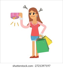 Comprador feminino olhando para a ilustração de vetor bolsa vazia