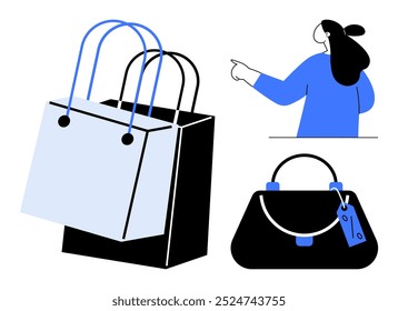 Female shopper pointing excitement while two shopping bags and a handbag with tags are shown. Ideal for online shopping sales advertising marketing retail fashion lifestyle. Simple flat design style