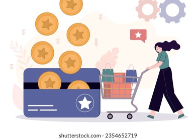 Tienda femenina con carrito de empuje con compras. tarjeta extra con monedas de oro, cashback, programa de fidelidad. Descuento y promociones. Devolución de efectivo después de las compras, las ventas, el viernes negro. Campaña de marketing. vector