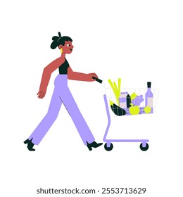 Female Shopper Pushing Cart With Groceries In Flat Vector Illustration Symbolizing Shopping, Lifestyle, And Convenience, Isolated On White Background