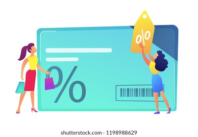 Female shopper, sales woman with discount tag and huge discount card vector illustration. Sale and giftcard, gift coupon and loyalty points card, marketing concept. Isolated on white background.