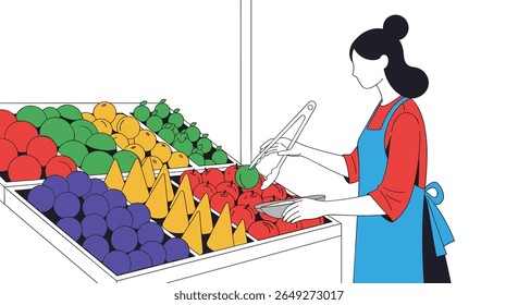 A Female Shopper Selects Fresh Produce From A Colorful Display Of Fruits And Vegetables In A Grocery Store