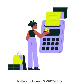 Female Shopper Using Card On Cash Register In Flat Vector Illustration Symbolizing Shopping, Payment, And Retail Transaction, Isolated On White Background