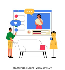 Female Shopper Watching Online Fashion Video While Holding Shopping Basket In Flat Vector Illustration Symbolizing Online Shopping And Digital Retail, Isolated On White Background