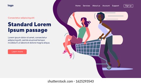 Female shoppers celebrating sale. Girls riding on cart, having fun flat vector illustration. Friendship, shopping, promo concept for banner, website design or landing web page