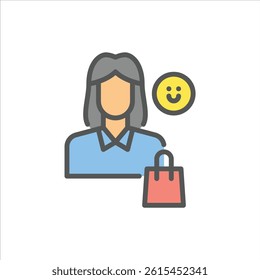 female shopping filled outline icon. shopping avatar color line illustration.
