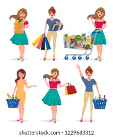 Female shopping vector characters set. Girl shopper holding shopping bags, supermarket groceries and mall cart with different pose isolated in white. Vector illustration.
