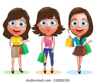 Female shopping vector characters set. Woman holding shopping bags wearing fashionable dress and hairstyles in white background. Vector illustration.
